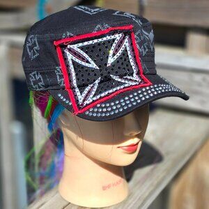 Ladies Black & Red Chopper Maltese Cross BLING Hat NEW